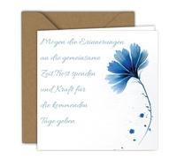 Greeting Card - Blue Floral Motif on the Side | Folding Card (15 x 15 cm) - with Kraft Envelope - Blank Inside