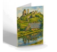 GREETING CARD - Corfe Castle from the Old Mill - Vintage Art Style