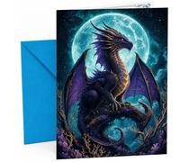 Greeting Card Fantasy Dragon Under Full Moon Night Sky | Large A5 Card with Printed Inside Message; A mystical purple-and-gold dragon beneath a bright full moon for Greeting