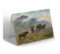 GREETING CARD - Highland Cattle. Near Ben Lomond - Vintage Art Style