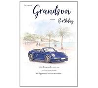 Greeting Card (ICG0001) - Grandson Birthday - Blue Sports Car - Treasured Grandson