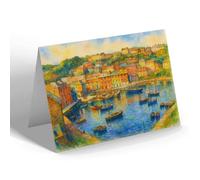 GREETING CARD - Inner Harbour & Quay-side, Mevagissey - Vintage Art Style