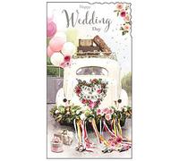 Greeting Card (JJ8830) - Wedding - Happy Wedding Day - Just Married Car - Velvet Range - Embossed, Flitter and Foil Finish