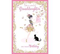 Greeting Card (NQ7417) Granddaughter Birthday - Girl with Gifts and Black Cat - Pizazz Range - Foil Finish