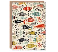 Artery8 Greeting Card Scandi Fish Sea Kelp Design Colourful Rustic Blank For Him Or Her Art Birthday Card