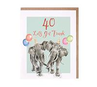 Greeting Card Wrendale Elephants 40th Birthday Card - Lets Get Trunk Party Animals Card, Green