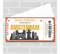 Greetings Card - Going To Amsterdam Skyline Pass Personalised Gift Voucher Surprise Trip Ticket | Custom Greetings Card | Surprise Reveal Voucher Spoof Ticket