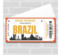 Greetings Card - Going To Brazil Skyline Personalised Gift Voucher Surprise Trip Holiday Ticket | Custom Greetings Card | Surprise Reveal Voucher Spoof Ticket