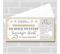 Greetings Card - Murder Mystery Scavenger Hunt Personalised Gift Voucher Surprise Ticket | Custom Greetings Card | Surprise Reveal Voucher Spoof Ticket