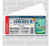 Greetings Card - Tenerife Spain Beach Pass Personalised Gift Voucher Surprise Trip Ticket | Custom Greetings Card | Surprise Reveal Voucher Spoof Ticket
