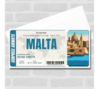 Greetings Card - Trip To Malta Pass Personalised Gift Voucher Surprise Trip Holiday Ticket | Custom Greetings Card | Surprise Reveal Voucher Spoof Ticket