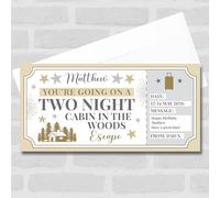 Greetings Card - Two Night Cabin In Woods Escape Personalised Gift Voucher Surprise Trip Ticket | Custom Greetings Card | Surprise Reveal Voucher Spoof Ticket
