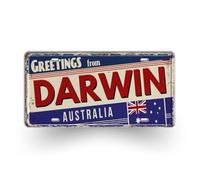 Greetings From City License Plate Sign - Vintage Metal Tin Plaque Featuring Cities from Australia, New Zealand & Canada - Retro Travel Souvenir Wall Decor (07 Darwin)