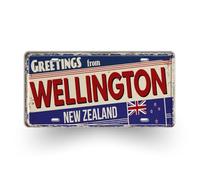 Greetings From City License Plate Sign - Vintage Metal Tin Plaque Featuring Cities from Australia, New Zealand & Canada - Retro Travel Souvenir Wall Decor (08 Wellington)