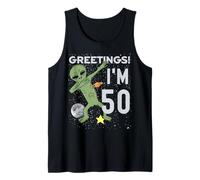 Greetings I'm 50 Space Alien Theme 50th Birthday Party Tank Top