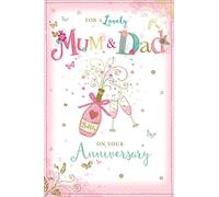 Greetings Mum & Dad Wedding Anniversary Card - Champagne Bottle Glasses Gold Foil 9x6