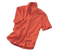 GREGG Mens Casual Button Down Cotton Linen Shirts Summer Short Sleeve Beach Shirts Solid Color Lapel Collar Shirt with Pocket(Orange,Large)