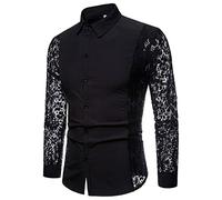 GREGG Mens See Through Long Sleeve Shirts Muscle Fit Button Down Shirts Vintage Floral Lace Sleeve Sexy Club Party Shirts(Black,XX-Large)