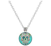Gregory Crafts & Gifts Day of the Dead Sugar Skull Pendant Necklace, Green Glass Dome, Silver Chain, 2.5 cm Pendant, 24 Inch Chain, Handmade