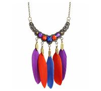 Gregory Crafts & Gifts Feather Pendant Boho Necklace with Blue, Red and Purple Feathers, Bronze Chain, Crystal Gemstones on a Bronze Chain