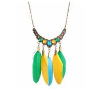 Gregory Crafts & Gifts Feather Pendant Boho Necklace with Green, Blue and Yellow Feathers, Bronze Chain, Crystal Gemstones on a Bronze Chain