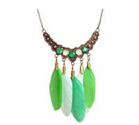 Gregory Crafts & Gifts Feather Pendant Boho Necklace with Green, Lime and Mint Feathers, Bronze Chain, Crystal Gemstones on a Bronze Chain