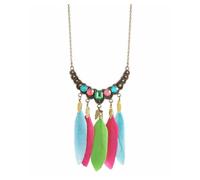Gregory Crafts & Gifts Feather Pendant Boho Necklace with Pink, Blue and Green Feathers, Bronze Chain, Crystal Gemstones on a Bronze Chain