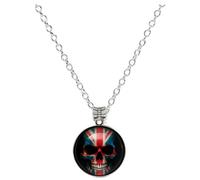 Gregory Crafts & Gifts Union Jack Skull, Gothic Patriot, British Pendant Necklace, Glass Dome, Silver Chain, 2.5 cm Pendant, 24 Inch Chain, Handmade