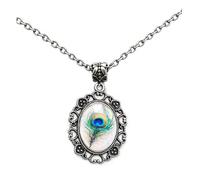 Gregory Crafts & Gifts Vintage Silver Peacock Feather Pendant Necklace, Antique Style, Oval Glass Cabochon, Filigree Setting