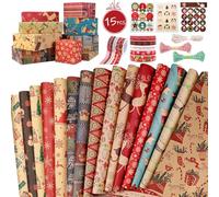 Grehge Christmas Wrapping Paper Large Sheets Eco Recyclable Gift Wrap Vintage Kraft 70x50cm, with 37 Xmas Tags Stickers and a Set of 9 Ribbons