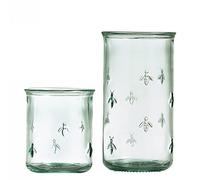 Grehom Recycled Glass Tumblers- Bee; Twins | Embossed tumblers (large and small) with bee decoration, ideal for water, soft drinks, smoothies and beer, dishwasher safe.