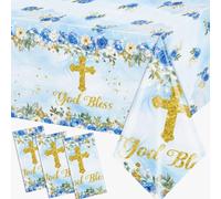 GREHUMOR 3Pcs God Bless Baptism Tablecloth Decorations First Communion Table Cover Christening Party Supplies Disposable Plastic Cross Tablecloths for Boys Girls Celebration Baby Shower