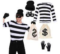 greitenty Adult Robber Costume Halloween Unisex Thief Accessories Set with Black and White Striped T-Shirt Bag Eye Mask Cap