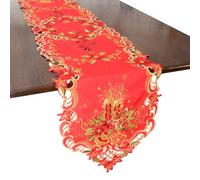 Grelucgo Embroidered Elegant Christmas Table Runner, Red Polyester with Embroidered Poinsettia Design, Scalloped Border (14x69 Inches)