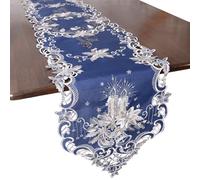 Grelucgo Embroidered Elegant Christmas Table Runner with Embroidered Poinsettia Design, Ornate Scalloped Border, Holiday Dining Room Decor (Navy Blue)
