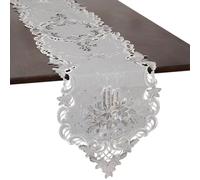 Grelucgo Embroidered Elegant Christmas Table Runner with Embroidered Poinsettia Design, Ornate Scalloped Border, Holiday Dining Room Decor (Silver)