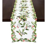 Grelucgo Embroidered Holly Leaves and Berries Table Runner for Christmas Holidays (14x70 Inches)