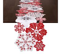Grelucgo Embroidered Red, Silver and White Snowflake Table Runner, Christmas Party Decor, Winter Holiday Decorations (14x107 inches)