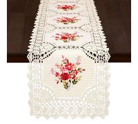 Grelucgo Handmade Crochet Table Runner with Floral Embroidery, Pink and Red (15 x 54 inches)