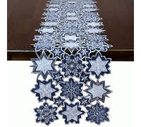 Grelucgo Machine Embroidered and Hand Cut Navy, Silver and White Snowflakes Table Runner for Christmas Holiday and Winter (13.5 x 34 inches)
