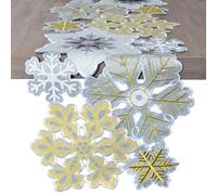 Grelucgo Short Machine Embroidered and Hand Cut Silver and Gold Winter Snowflakes Table Runner for Christmas Holiday (14 x 34 inches)
