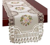 Grelucgo Small Handmade Crochet Cotton Lace Table Runner Dresser Scarf, Ribbon Embroidery (Rectangle 16 x 36 inch)