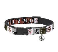 Gremlins Breakaway Cat Collar With Bell, Plastic Clip, Easy Adjustable, Gremlins Gizmo Poses Rules Blocks Red Greens Grays White, 8.5 to 12 Inches 0.5 Inch Wide