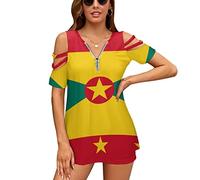 Grenada Flag Women's Cold Shoulder Blouse Tops Short Sleeve V Neck T Shirts Casual Shirts Dress S