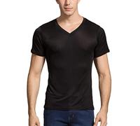 Grenasasilk Mens Silk T-Shirts Short Sleeve Mulberry-Silk Tee Tops Breathable & Moisture V-Neck Undershirt, Black, XL