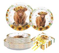 Grencian 200 Pcs Highland Cow Party Decorations Farm Highland Cattle Plates and Napkins Animal Cow Floral Tableware Sets for Kids Birthday Baby Shower Disposable Party Supplies Serves 50