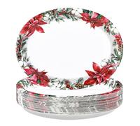 Grencian 50 PCS Christmas Oval Paper Plates 10" x 12" Large Heavy Duty Poinsettia Flower Plates Disposable Poinsettia Pine Platter Tableware for Xmas Wedding Birthday Christmas Party Supplies