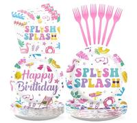 Grencian 96Pcs Pool Party Decorations Pink Flamingo Pool Plates and Napkins Tableware Sets Summer Splish Splash Birthday Decorations for Boys Girls Baby Shower Beach Party Supplies Serves 24