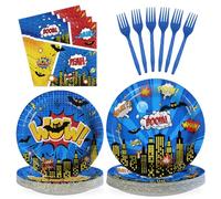 Grencian 96Pcs Super Theme Hero Party Supplies Hero's Action Sign Cityscape Plates and Napkins Tableware Sets Blue Comic Hero Decorations for Boys Baby Shower Cartoon Spider Birthday Favors Serve 24