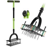 Grenebo Lawn Aerator Manual Aerator Lawn Tool with 16 Spikes, Metal Grass Aerator for Yard, Lawn Aeration, Automatic Soil Ejection, Pre-Assembled Lawn Aerator Tool, Black Green